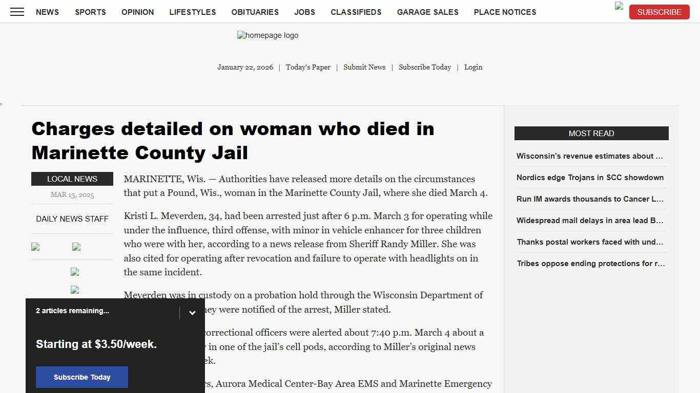 Charges detailed on woman who died in Marinette County Jail News, Sports, Jobs - The Daily News