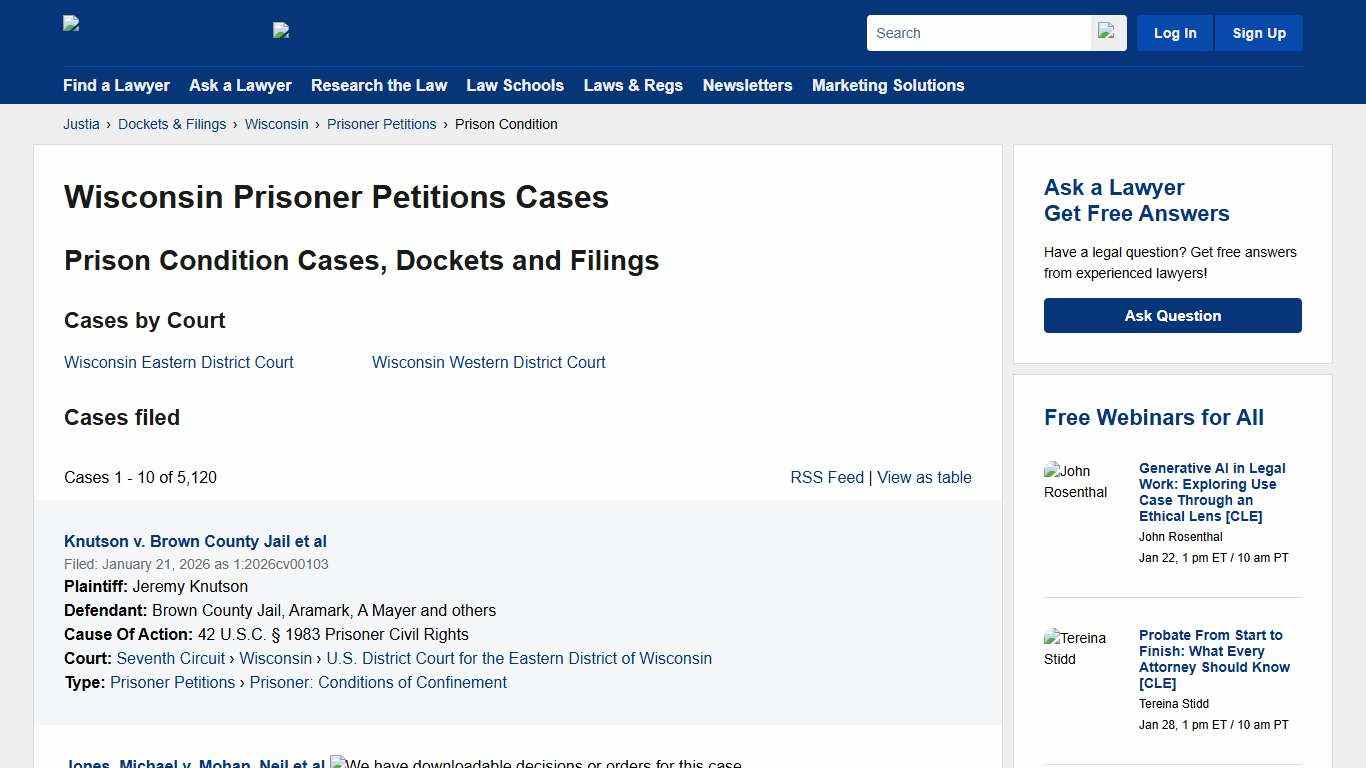 Prison Condition Cases, Dockets and Filings in Wisconsin Justia Dockets & Filings